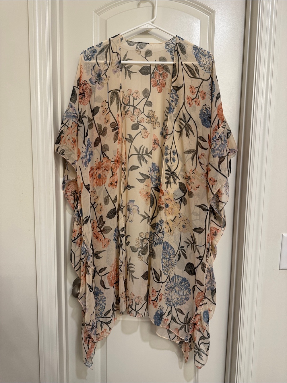 Floral Sheer Kimono Cardigan in Cream with Blue & Peach Flowers